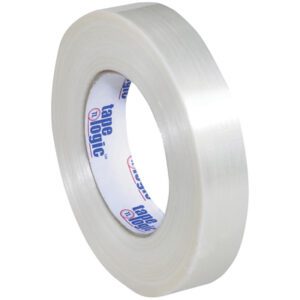 A 1 x 60 yds. roll of Tape Logic® 1550 strapping tape, with blue and red text on the label, stands upright on a white background. It is durable and comes in a convenient package of 36 rolls per case.