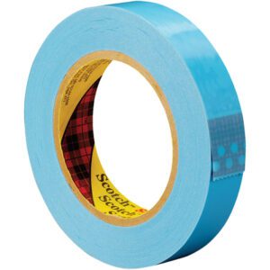 The 1 x 60 yds. (12 Pack) Scotch® Strapping Tape 8896 features a glossy blue exterior, a yellow interior, and an inner red plaid pattern with Scotch, offering a vibrant look to this durable adhesive essential.