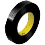 A roll of black electrical tape with a yellow core, partially unrolled to reveal its glossy texture and smooth surface, reflecting the reliable durability of 1 x 60 yds. (12 Pack) Scotch® Filament Tape 890MSR.