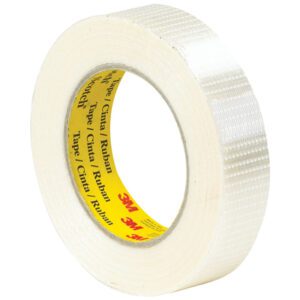 The white duct tape features a textured surface and an upright position, with a yellow core and red 3M branding, including Tape, Cinta, and Ruban in black. Similar to the durable 1 x 55 yds. Scotch® Bi-Directional Filament Tape 8959, its ideal for bonding tasks.