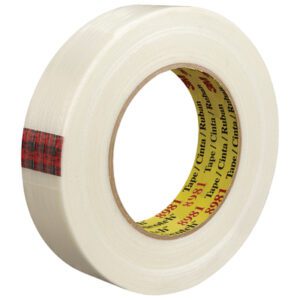 A 1 x 60 yds. roll of 3M™ 8981 Strapping Tape features a red and black checkerboard pattern on the inner ring, while vibrant yellow displays printed text and branding.