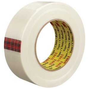 This 1 1/2 x 60 yds. roll from the (12 Pack) 3M™ 8981 Strapping Tape set features a yellow core with black and red text, adorned with a stylish red plaid strip, offering both strength and style for packaging.