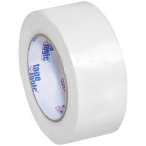 The 2 x 60 yds. Tape Logic® 1400 Strapping Tape features a wide, clear glossy surface that reflects light and has a white inner core with bold blue and red text. Available in cases of 24 rolls, it offers strength and style for your packaging needs.