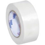 A single roll of Tape Logic® 1400 Strapping Tape, sized 2 x 60 yds., features a white core with blue text and an upright, shiny, smooth surface.