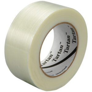 A partially unwound roll of 2 x 60 yds. Tartan™ Filament Tape 8934 (24/Case), with a glossy finish, reveals its thickness and texture, and has Tartan labeled on the inner core.