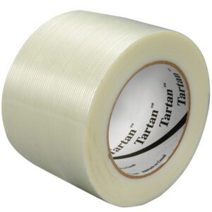 The 3 x 60 yds. Tartan™ Filament Tape 8934 offers a clear, ridged surface with a white core labeled Tartan. Available in a convenient 6-pack, this strong tape is set against a plain white background.