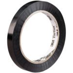 A black electrical tape roll with a cardboard core stands upright against a white background, reflecting the durability and reliability similar to 1/2 x 120 yds. Tartan™ Strapping Tape 860 (144/Case), ideal for secure packaging.