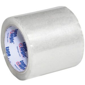 The 4 x 72 yds. Clear Tape Logic® 1.8 Mil Acrylic Tape is elegantly displayed at an angle with the brand name on the inner core, available in a convenient pack of 18 per case.