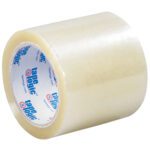 A roll of glossy, transparent 4 x 72 yds. Clear Tape Logic® 2 Mil Acrylic Tape is perfect for securing packages, featuring a white core with bold blue and red tape logic text. Sold in cases of 18.