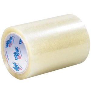The 6 x 72 yds. Clear Tape Logic® 2 Mil Acrylic Tape features a glossy finish and a core with a white label highlighted by blue and red text. This high-quality tape is ideal for various packaging needs and is sold in cases of 12.