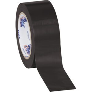A roll of 2 x 36 yds. black tape from the Tape Logic® Solid Vinyl Safety Tape (3 Pack) slightly unravels, its smooth, shiny surface contrasting starkly against a plain white backdrop. The inner core displays blue and red text and logos, hinting at its quality.