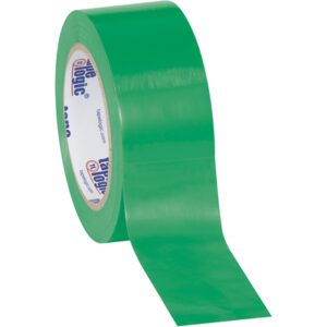 A roll of MH-USA 2 x 36 yds. Green (3 Pack) Solid Vinyl Safety Tape slightly unspooled, revealing its adhesive side. The tapes shiny surface contrasts with the inner cardboard rolls visible text and branding.