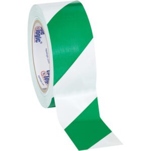 The Tape Logic® Striped Vinyl Safety Tape, 2 x 36 yds., features green/white diagonal stripes and comes in a 3 Pack. Its partially unrolled, highlighting its contrasting pattern.