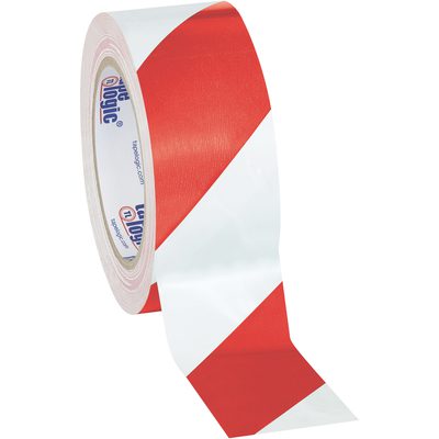 T92363PKRW.jpg A roll of Tape Logic® Striped Vinyl Safety Tape, measuring 2 x 36 yds., showcases its glossy finish with red and white diagonal stripes. The brand logo is visible inside the partially unrolled tape, available in a convenient Red/White (3 Pack).