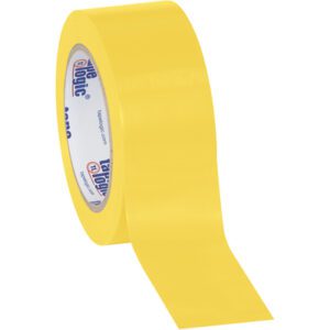A partially unspooled roll from the 2 x 36 yds. Yellow (3 Pack) Tape Logic® Solid Vinyl Safety Tape gleams brightly under the light, with the Tape Logic logo visible. It rests on a plain white background.