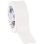 A partially unrolled 2 x 36 yds. White Tape Logic® Solid Vinyl Safety Tape reveals its branding against a plain background, showcasing reliable craftsmanship—ideal for projects needing high-quality safety tape.