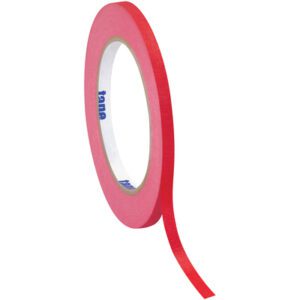 A roll of 1/4 x 60 yds. Red Tape Logic® Masking Tape elegantly unfurls, displaying a strip peeling off. The white core with blue text is visible, and the roll stands upright on a clean white background.
