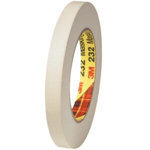 The product is a 12-pack of 1/4 x 60 yds. beige 3M High Performance Masking Tape 232, featuring a yellow inner label with red text and a plaid pattern. It is arranged upright with the adhesive side in for versatile use.