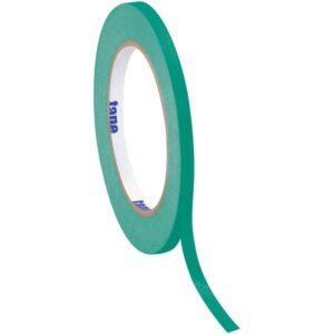 A roll from the Tape Logic® Masking Tape 12-pack, dark green with a white core, lies partially unrolled showing its adhesive side. Each measures 1/2 x 60 yds., and the product name is elegantly printed inside.