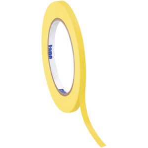 A partially unwound roll of 1/2 x 60 yds. yellow Tape Logic® masking tape, featuring blue text on the inner core. Thin and circular, it is set against a plain white background as part of a versatile 12 pack solution.