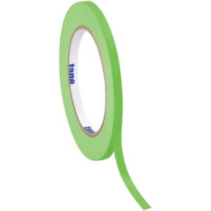 Partially unrolled, the 1/2 x 60 yds. Light Green Tape Logic® Masking Tape displays its vibrant color and features blue text on the inner ring. Set against a white background, each case includes 72 rolls.