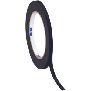 A roll of 1/2 x 60 yds. Black Tape Logic® Masking Tape (72 Rolls/Case) unwinds slightly to show its inner spool, set against a white background, emphasizing the convenience of buying in bulk.