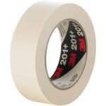A 12-pack of 3M General Use Masking Tape 201+ (1/2 x 60 yds.) is shown standing vertically, highlighting its beige exterior and black inner label with the red 3M logo and 201+ insignia against a white background.