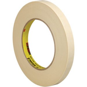 Displayed elegantly at an angle, the 1/2 x 60 yds. (6 Pack) 3M™ 202 Masking Tape - 6 PER CASE features a beige exterior and yellow branded core, set against a plain white backdrop.