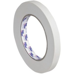 The Tape Logic® 2200 Masking Tape in a 1/2 x 60 yd. size is neatly rolled and bundled in a 12-pack, showcasing its thin profile and precise edges with the brand name on the core.