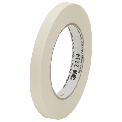 T9332214.jpg A roll of 1/2 x 60 yds. 3M Paper Masking Tape 2214 (72/Case) features the 3M brand inside its core. Its thin, cylindrical shape is displayed on a white background.