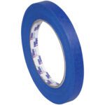 A roll of 1/2 x 60 yds. Tape Logic® 3000 Blue Painters Tape (72 Rolls/Case) stands upright, showcasing its smooth texture and thickness. The white inner ring highlights brand labels in bold blue and red text, emphasizing its quality.