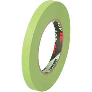 The 1/2 x 60 yds. roll of 3M High Performance Green Masking Tape 401+ is shown upright on a white background, highlighting its circular shape, thin width, light green color, and black inner ring with the brand name. It is available in cases of 48 rolls.