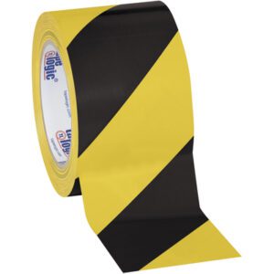 Tape Logic® 3 x 36 yds. Striped Vinyl Safety Tape in black and yellow is sold in a convenient 3 Pack, ideal for marking hazardous areas. The brand logo appears on the inner core of each roll.