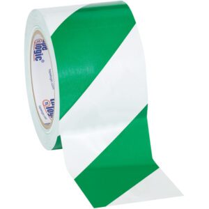 Partially unrolled, the MH-USA 3 x 36 yds. Green/White Tape Logic Striped Vinyl Safety Tape displays its alternating stripes and glossy finish, ensuring stylish safety—available in a case of 16.