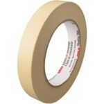 A roll of 3/4 x 60 yds. 3M™ 203 Masking Tape from a case of 48 rolls, featuring a white label.
