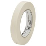 A beige 3M Paper Masking Tape 2214 roll, sized 3/4 x 60 yds., sits vertically on a white background. The inside label displays product details and the iconic 3M logo.