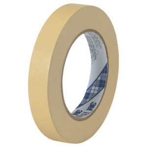 The 3/4 x 60 yds. 3M Masking Tape 2307 features a plain beige surface and adhesive inner, with smooth edges and a label with blue text inside. Available in cases of 48 for versatile use.