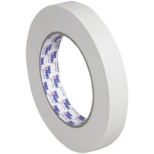 The Tape Logic® 2600 Masking Tape, 3/4 x 60 yds., comes as a white tape with a cardboard core branded inside in blue and red, available in a convenient 12-pack, suitable for various uses.