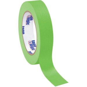 A roll of 1 x 60 yds. Light Green Tape Logic® Masking Tape, in a handy 12 Pack, is unspooled with the loose end visible and printed text on its inner core.