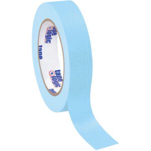 An unwound roll of Tape Logic® Masking Tape (1 x 60 yds., Light Blue, 12 Pack) reveals its inner label with text and a circular logo. Its smooth texture is highlighted against a white background.