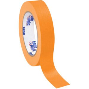 The Orange Tape Logic® Masking Tape, 1 x 60 yds., unfurls with a matte finish and features blue text on a white background, offering practicality and detail. Available in cases of 36 rolls.