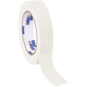 A 1 x 60 yds. White Tape Logic® Masking Tape, partially unrolled to show the adhesive side, features a blue and red logo on its inner core. Packaged in a case of 36, it offers versatility for any project.