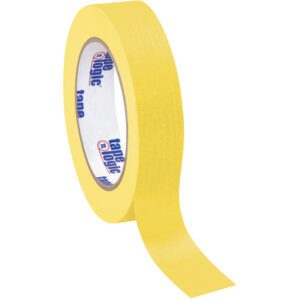 A 1 x 60 yds. Yellow Tape Logic® Masking Tape roll displays its vibrant length with partly visible text on the inner core against a plain white background.