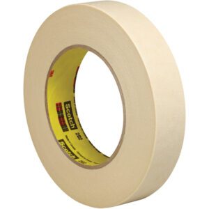 A 1 x 60 yds. roll of beige Scotch masking tape showcases a yellow core with the Scotch brand in black. This smooth-textured 3M™ 202 tape is set on a white background.