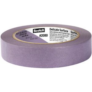 A roll of 1 x 60 yds. Scotch Delicate Surface Painters Tape 2080 is gentle on sensitive areas. The package, set against a white background, highlights its safe use on delicate surfaces. Available in convenient cases of 24.