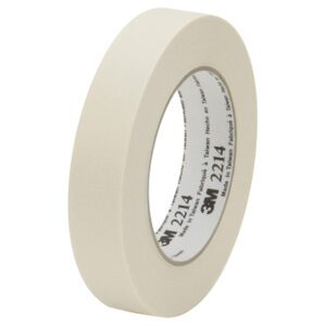 A roll from the 12 pack of 3M Paper Masking Tape 2214, beige and measuring 1 x 60 yds., stands upright against a white background, with the inner cardboard prominently showing the brand and product number.