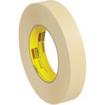 A roll of 1 x 60 yds. (12 Pack) 3M™ 231 Masking Tape with a yellow inner core and a colorful labeled text is upright against a white background.