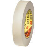 A roll of beige 1 x 60 yds. 3M High Performance Masking Tape 232 features a red and yellow label with 3M 232, stands upright showing its thickness and core, and is available in cases of 36 for versatile use.