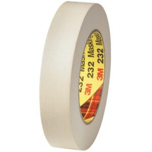 A roll of beige 1 x 60 yds. 3M High Performance Masking Tape 232 features a red and yellow label with 3M 232, stands upright showing its thickness and core, and is available in cases of 36 for versatile use.