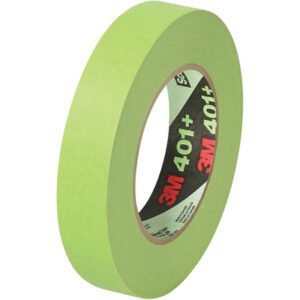 A roll from a 12-pack of 3Ms High Performance Green Masking Tape 401+, sized at 1 x 60 yds., displays 3M 401+ inside the core, angled to highlight its width and thickness against a pristine white background.